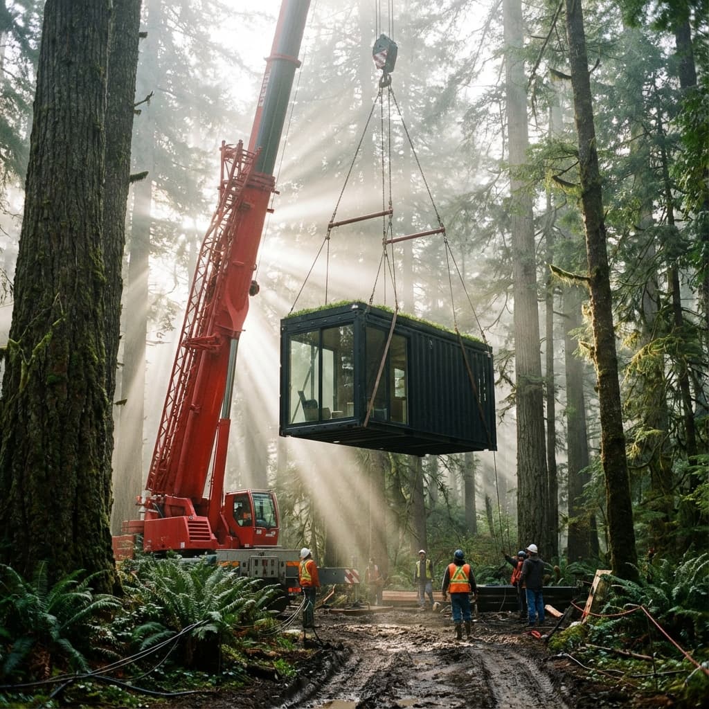 Cabin being delivered on flatbed truck